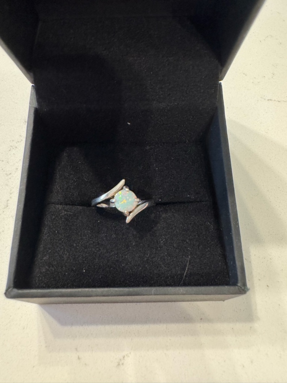 Sterling Silver Opal Solitaire Ring - Iridescent White Opal